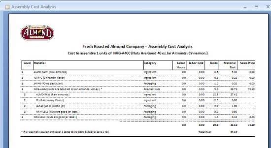 Free ABC Inventory Software: Bill of Materials: Assembly Cost Analysis report